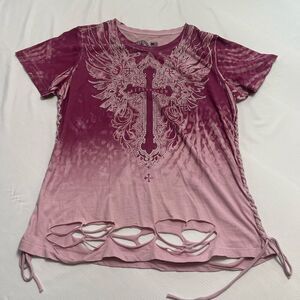 Affliction Sacred Wish Wings Crystal Rhinestone Distressed Pink T-Shirt Size XL